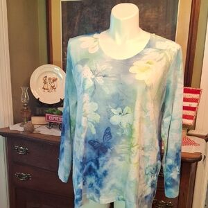 Time and Tru Floral Blue Green Blouse